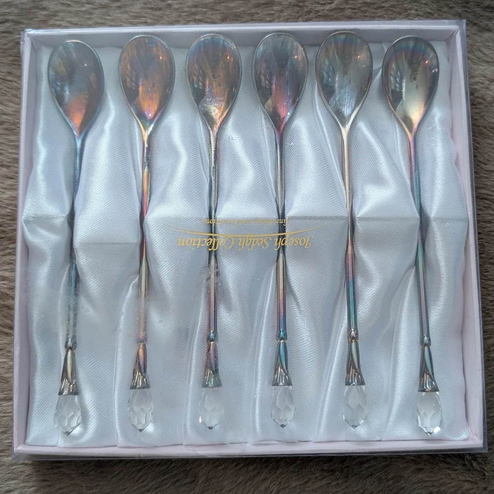 🆕🫰🏼 Vintage Iridescent Silver Teaspoon Set with Crystal Accents